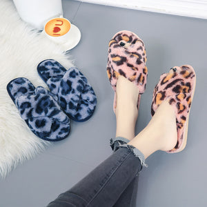 Leopard Print Cross Fluffy Slippers Female Home