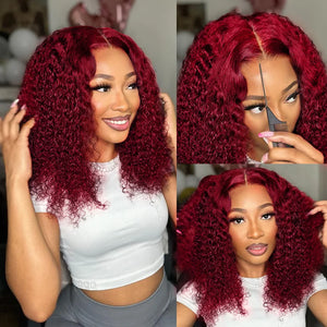 99J Colored Curly Deep Water Wave Lace Front Wig Burgundy Red Remy Short Cut Bob Frontal Human Hair Wigs Women Pre Plucked Wigs