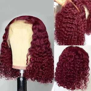 99J Colored Curly Deep Water Wave Lace Front Wig Burgundy Red Remy Short Cut Bob Frontal Human Hair Wigs Women Pre Plucked Wigs