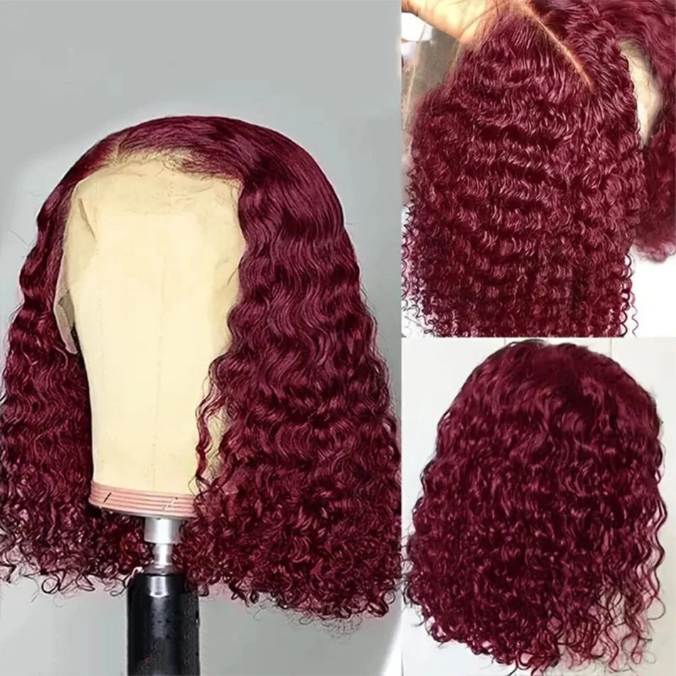 99J Colored Curly Deep Water Wave Lace Front Wig Burgundy Red Remy Short Cut Bob Frontal Human Hair Wigs Women Pre Plucked Wigs