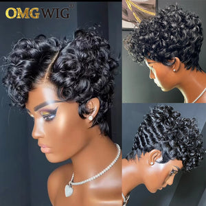 13x6x1 Lace Pixie Cut Wig Brazilian Remy Human Hair Wigs For Black Women Curly Pre Plucked Hairline Short Bob With Bangs