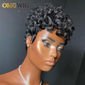 13x6x1 Lace Pixie Cut Wig Brazilian Remy Human Hair Wigs For Black Women Curly Pre Plucked Hairline Short Bob With Bangs