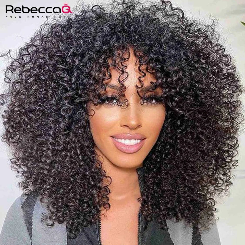 Afro Kinky Curly Human Hair Wigs with Bangs Wear to go Glueless Wig 250 Density Remy Brazilian Short Curly Bangs Wig Human Hair