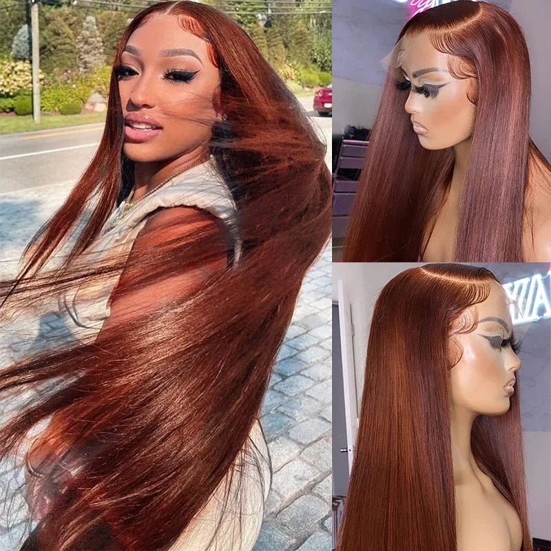 Reddish Brown 13x4 HD Lace Front Human Hair Dark Red Brown Brazilian Bone Straight Lace Frontal Wigs For Black Women Pre Plucked