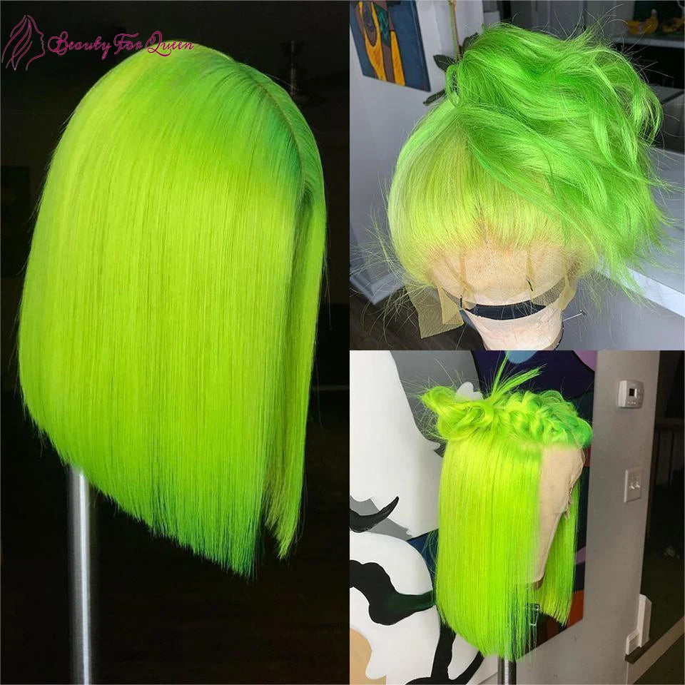 13x4 HD Lace Front Wig Human Hair Fluorescent Green  Human Hair Lace Frontal Wig For Women Pre Plucked Short Bob Lace Wigs