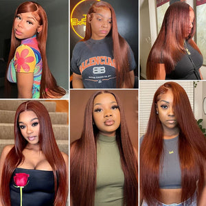 Reddish Brown 13x4 HD Lace Front Human Hair Dark Red Brown Brazilian Bone Straight Lace Frontal Wigs For Black Women Pre Plucked