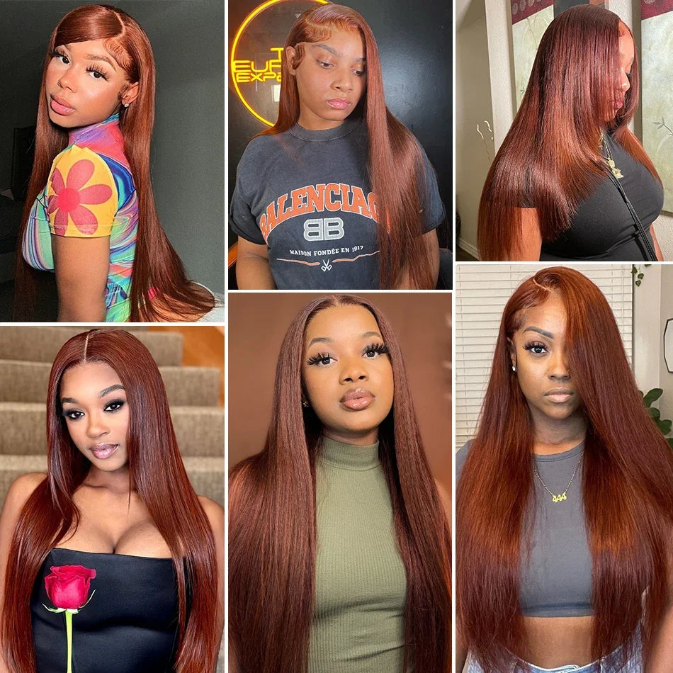 Reddish Brown 13x4 HD Lace Front Human Hair Dark Red Brown Brazilian Bone Straight Lace Frontal Wigs For Black Women Pre Plucked