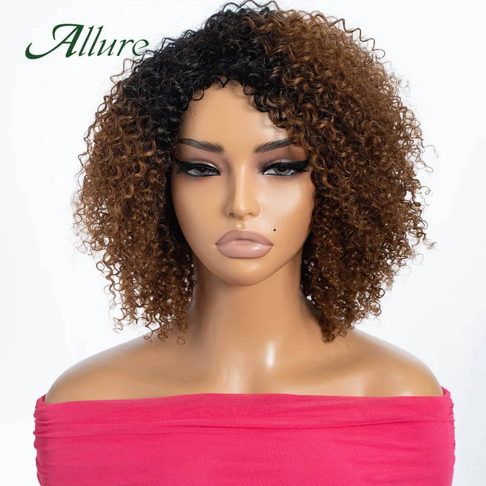 Brazilian Jerry Curly Human Hair Wigs For Women Dark Brown Colored Short Curly Hair Glueless Wig Afro Kinky Hair Wigs Allure