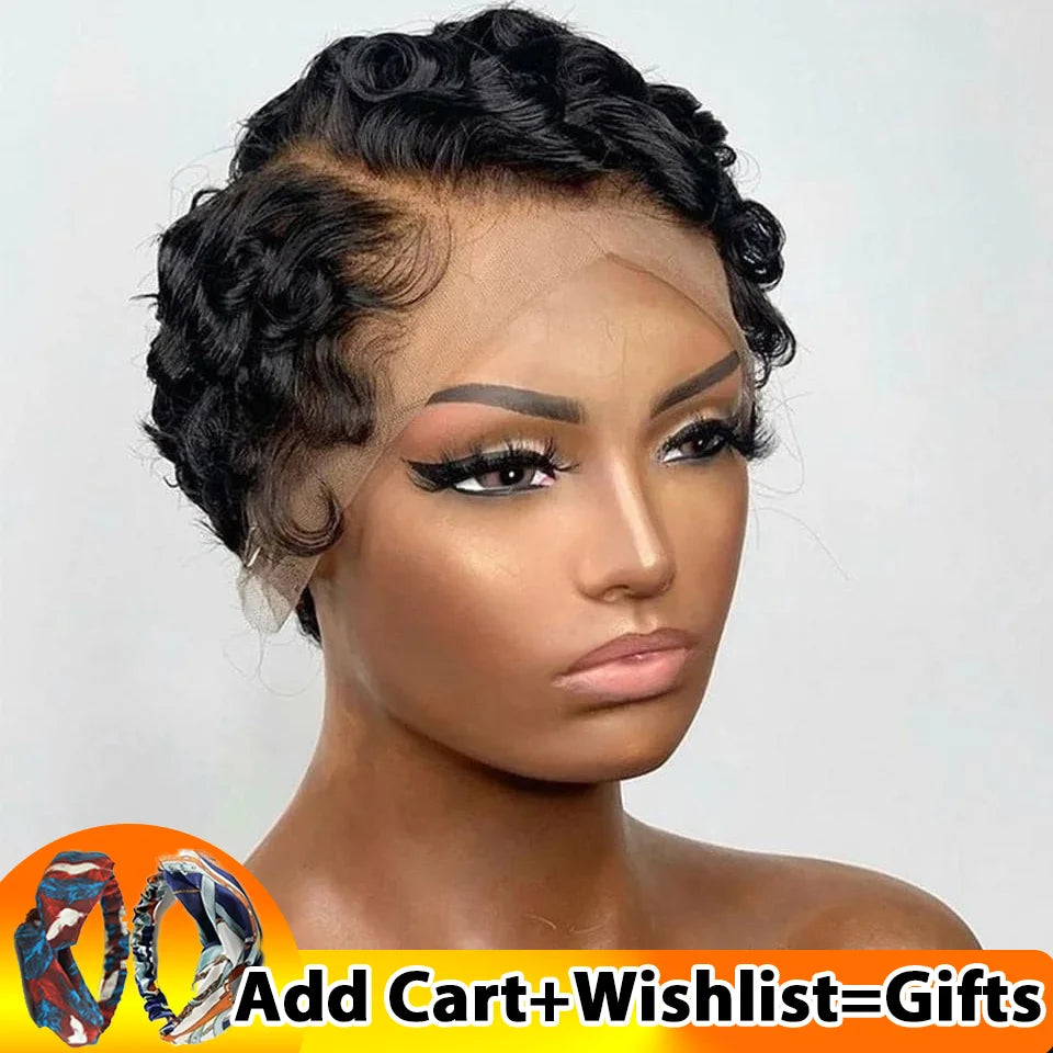 Short Wigs Human Hair Wigs For Women Pixie Cut Human Hair Finger Wave Wig Natural Color Glueless 13x1 Side Part Lace Frontal Wig