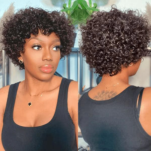 Sleek Short Afro Curly Bob Human Hair Wigs With Bangs For Women Brazilian Remy Hair Wear and Go Natural Brown Kinky Curly Wigs