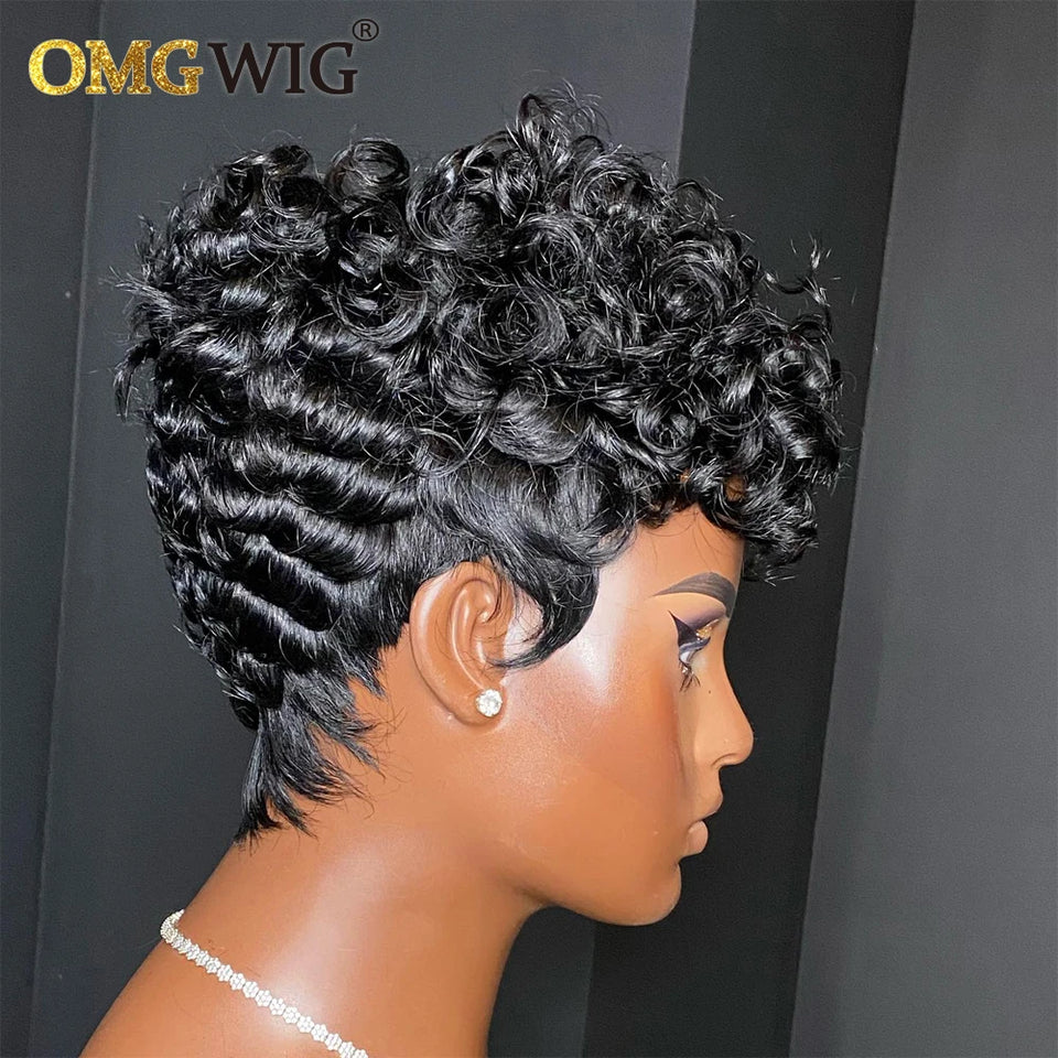 13x6x1 Lace Pixie Cut Wig Brazilian Remy Human Hair Wigs For Black Women Curly Pre Plucked Hairline Short Bob With Bangs