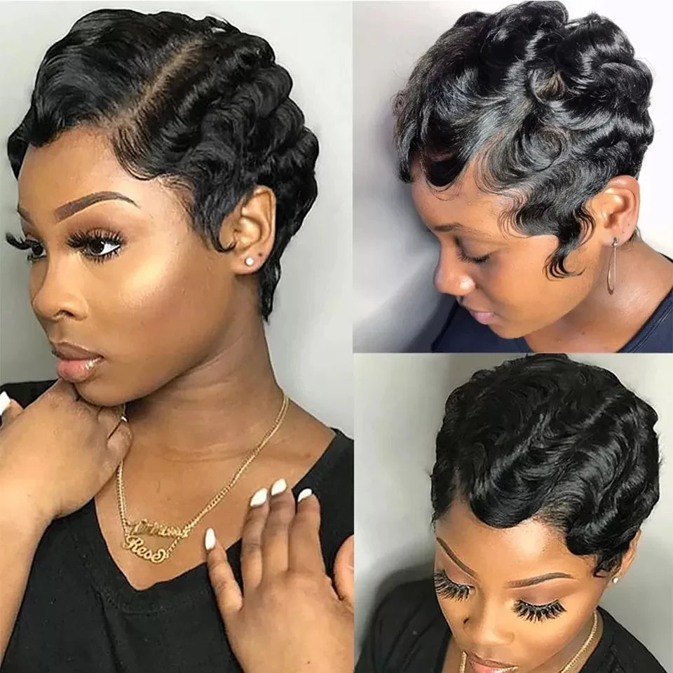 Short Wigs Human Hair Wigs For Women Pixie Cut Human Hair Finger Wave Wig Natural Color Glueless 13x1 Side Part Lace Frontal Wig