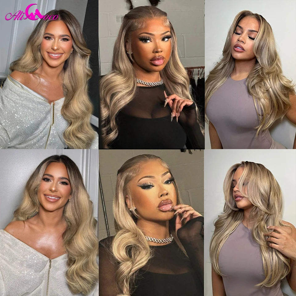 13x4 13x6 Ash Blonde Highlight Colored Transparent Lace Front Wigs Human Hair Body Wave Lace Frontal Wigs Pre Plucked For Women