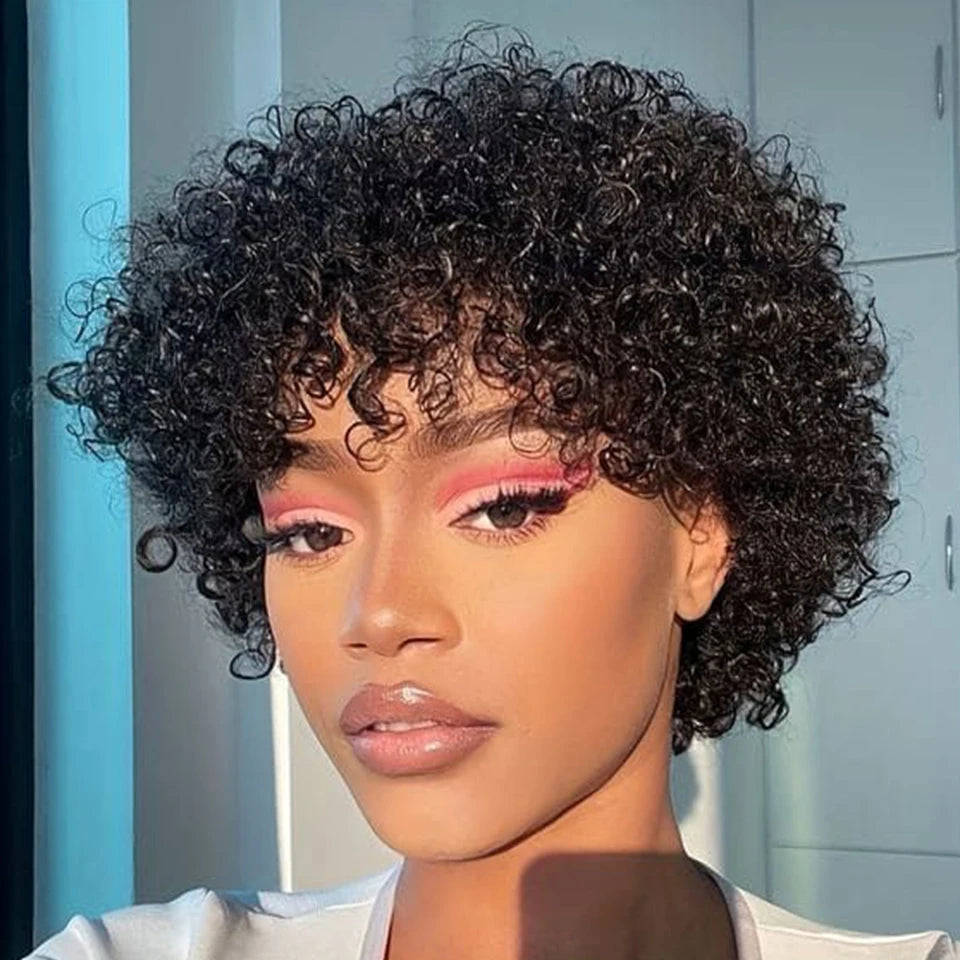 Sleek Short Afro Curly Bob Human Hair Wigs With Bangs For Women Brazilian Remy Hair Wear and Go Natural Brown Kinky Curly Wigs