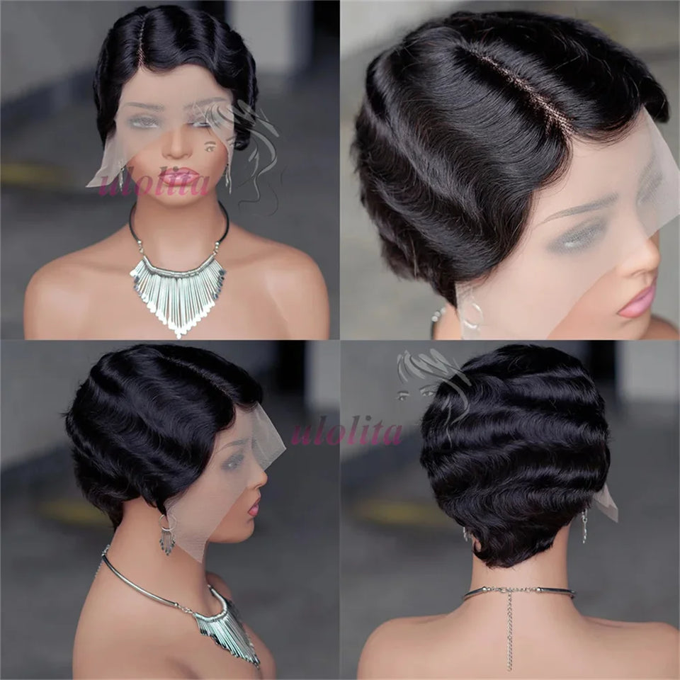 Pixie Cut Finger Wave Short Bob Wigs For Black Women Human Hair Ocean Wave Short Indian Human Hair Wig 13X1 Lace Front wigs