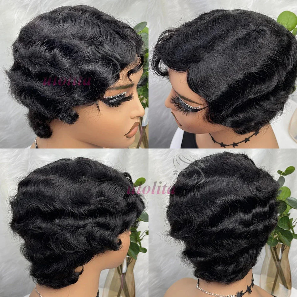 Pixie Cut Finger Wave Short Bob Wigs For Black Women Human Hair Ocean Wave Short Indian Human Hair Wig 13X1 Lace Front wigs