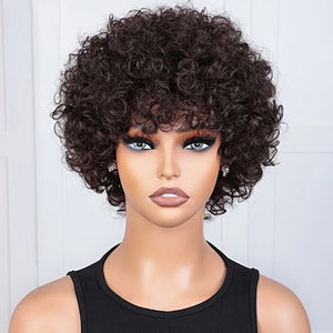 Sleek Short Afro Curly Bob Human Hair Wigs With Bangs For Women Brazilian Remy Hair Wear and Go Natural Brown Kinky Curly Wigs