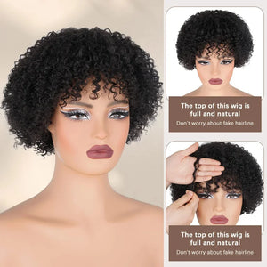 Afro Kinky Curly Bob Wig With Bangs Curly Pixie Cut Wigs Machine Made Brazilian Human Hair Wigs For Black Women