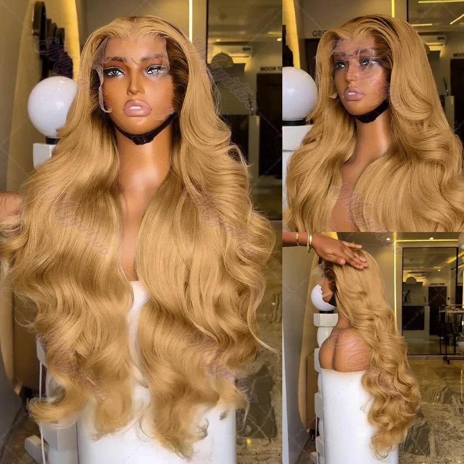 Brazilian #27 Honey Blond 30 34 Inch Body Wave 13x4 Lace Front Human Hair 13x6 HD Transparent Lace Frontal Wigs 200% For Women