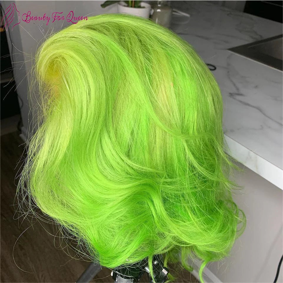 13x4 HD Lace Front Wig Human Hair Fluorescent Green  Human Hair Lace Frontal Wig For Women Pre Plucked Short Bob Lace Wigs