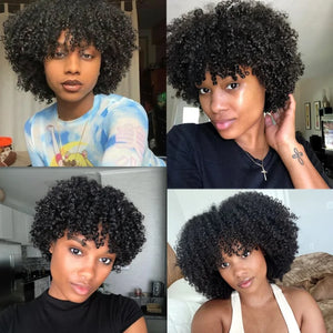 Afro Kinky Curly Bob Wig With Bangs Curly Pixie Cut Wigs Machine Made Brazilian Human Hair Wigs For Black Women