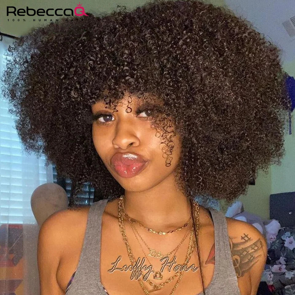 Afro Kinky Curly Human Hair Wigs with Bangs Wear to go Glueless Wig 250 Density Remy Brazilian Short Curly Bangs Wig Human Hair