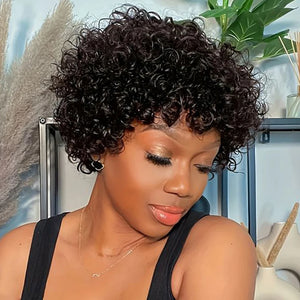 Sleek Short Afro Curly Bob Human Hair Wigs With Bangs For Women Brazilian Remy Hair Wear and Go Natural Brown Kinky Curly Wigs