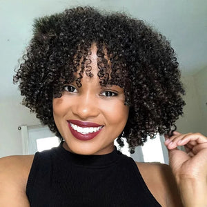 Afro Kinky Curly Bob Wig With Bangs Curly Pixie Cut Wigs Machine Made Brazilian Human Hair Wigs For Black Women