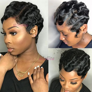 Pixie Cut Finger Wave Short Bob Wigs For Black Women Human Hair Ocean Wave Short Indian Human Hair Wig 13X1 Lace Front wigs