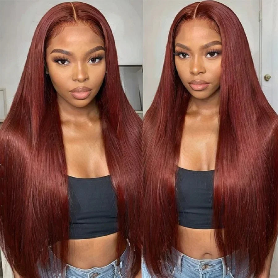 Reddish Brown 13x4 HD Lace Front Human Hair Dark Red Brown Brazilian Bone Straight Lace Frontal Wigs For Black Women Pre Plucked