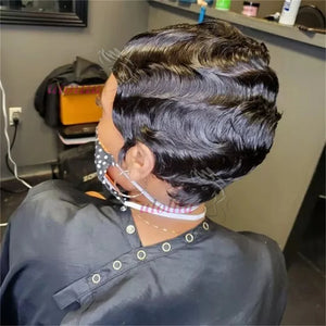 Pixie Cut Finger Wave Short Bob Wigs For Black Women Human Hair Ocean Wave Short Indian Human Hair Wig 13X1 Lace Front wigs