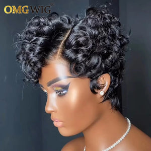 13x6x1 Lace Pixie Cut Wig Brazilian Remy Human Hair Wigs For Black Women Curly Pre Plucked Hairline Short Bob With Bangs