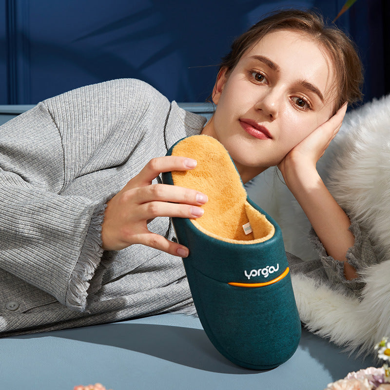 Winter Household Non-slip Plus Velvet Faux Leather Cotton Slippers